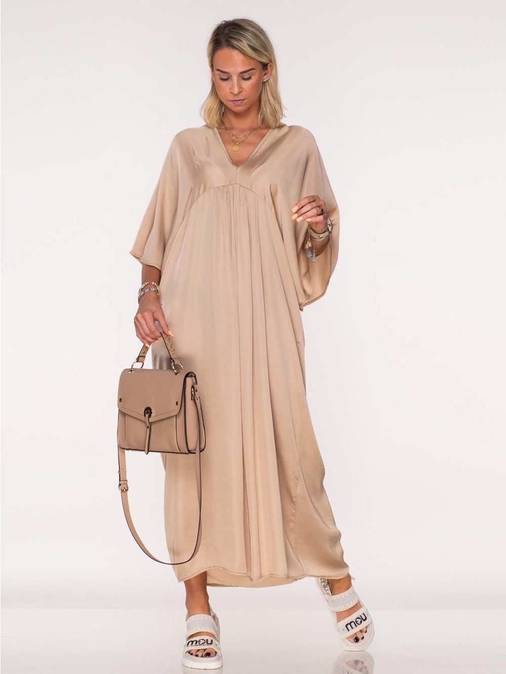 Zara Beige V-Neck Relaxed Maxi Dress